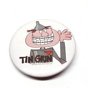 Vintage Tin Grin Pinback Button Braces Orthodontics Dental Pin Man Heart 1.75"